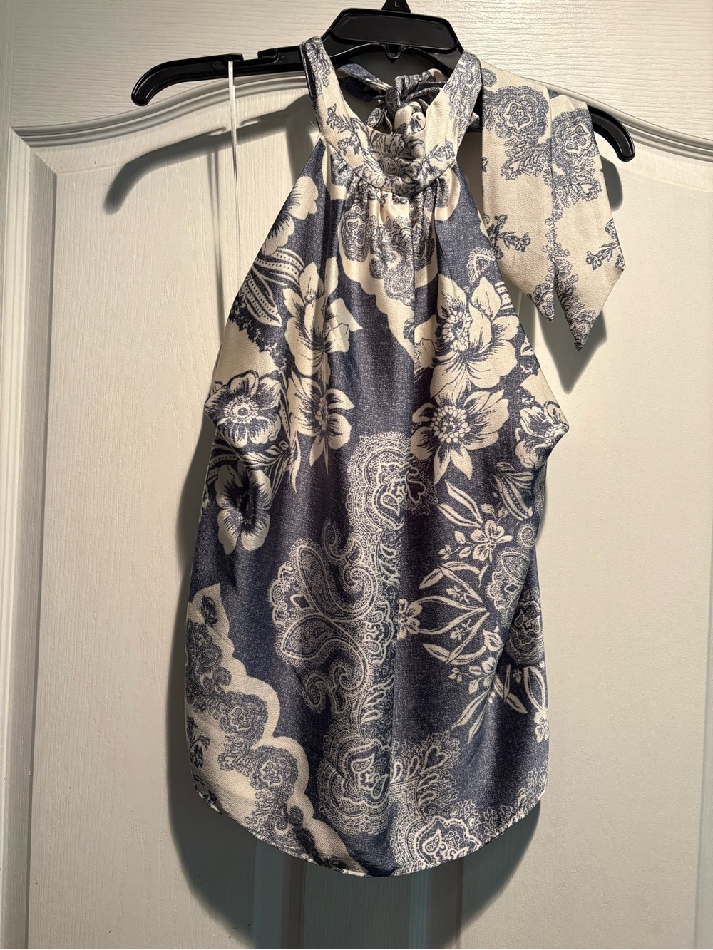 Parker Blue and White Floral Halter Top with Tie Neck